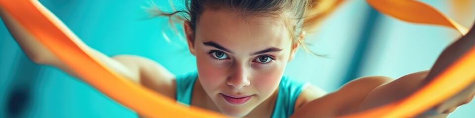 Wall Mural - A woman wearing a blue top with an orange ribbon tied around her neck