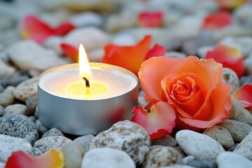 Wall Mural - A small candle sits atop a pile of rocks, casting a warm glow