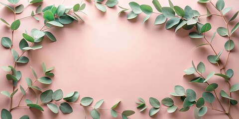 Aufkleber - Pastel Pink Background with Green Eucalyptus Sprigs Forming a Frame