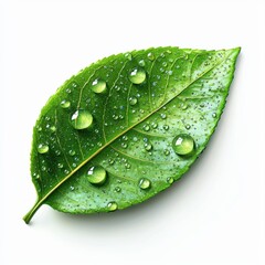 Wall Mural - Fresh Green Leaf with Perfectly Round Dew Drops on Its Surface, Reflecting Soft Morning Light, Isolated on White Background