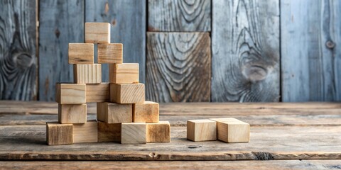 Aufkleber - Wooden blocks arranged in a pyramid shape on rustic table