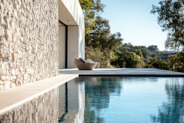 Wall Mural - A serene pool scene with a stone wall and a chair, perfect for relaxing or contemplation