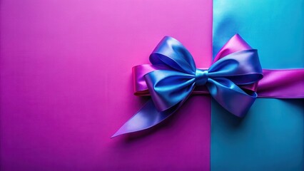 Wall Mural - A vibrant blue and purple satin ribbon bow elegantly tied on a split background