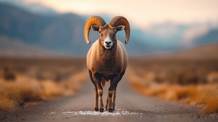 Wall Mural - a captivating portrayal of a bighorn sheep posing gracefully on a dusty path, surrounded by stunning