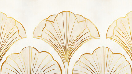 Classic art deco pattern, golden fan motifs with intricate linework on a soft ivory background, delicate metallic reflections