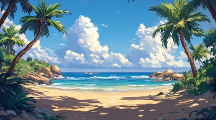 Wall Mural - A secluded tropical beach features soft sand and gentle waves, surrounded by vibrant palm trees and fluffy clouds under a bright blue sky