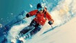 © Fortune228 - Male skier in red jacket descends snowy slope with speed and precision in vibrant winter landscape