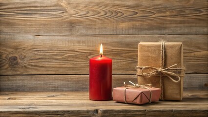 Wall Mural - A burning red candle and rustic wrapped gifts on a wooden surface