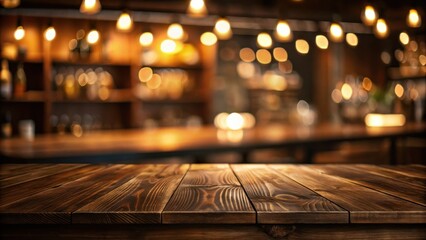 Poster - Rustic Wooden Tabletop with Blurred Background of a Cozy Bar at Night
