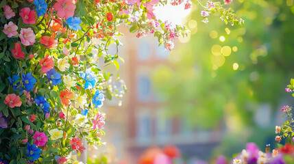 Poster - Vibrant flowers bloom amidst sunlight in a serene garden during springtime