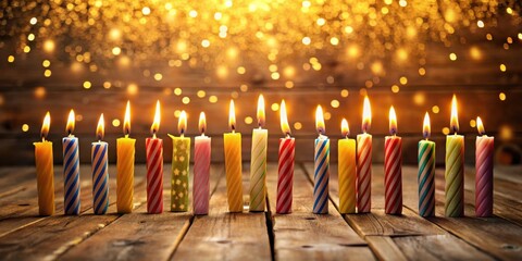Aufkleber - A row of colorful, lit birthday candles on a rustic wooden surface with a warm, bokeh background