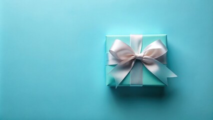 Wall Mural - A light blue gift box with a delicate off-white satin ribbon bow on a matching background