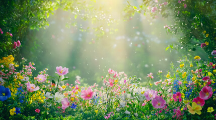 Poster - Vibrant wildflower garden illuminated by gentle sunlight during springtime in a tranquil outdoor setting