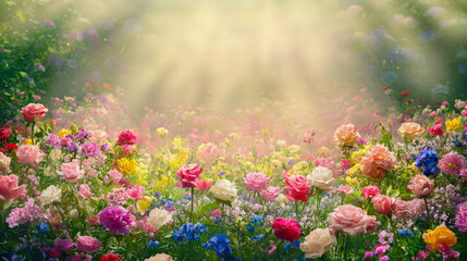 Aufkleber - Colorful flower garden basking in sunlight on a clear sunny day in early spring