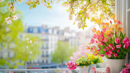 Poster - Colorful flower display on a sunlit balcony overlooking a vibrant city street in springtime