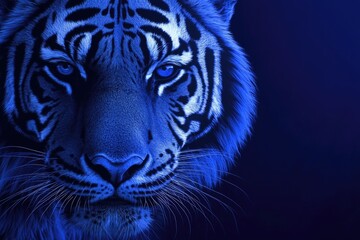  A captivating image of a Bengal tiger looking directly at the camera with a blue lighting effect that adds to its majestic and mystical appearance.