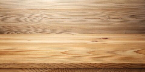 Poster - A Rustic Wooden Tabletop with a Smooth, Light Brown Surface and a Blurred Wooden Background Ideal for Product Displays or Mockups