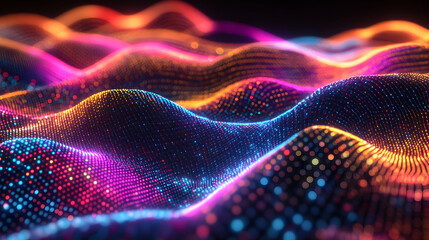 A seamless glowing data mesh of vibrant light trails and geometric patterns forming a futuristic abstract background