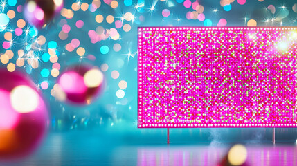 Leinwandbilder - Bright pink illuminated display with shimmering lights against a vibrant blue background at a festive event venue