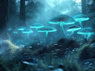 Wall Mural - mystical bioluminescent mushroom colony glowing ethereally in misty dark forest, volumetric moonlight filtering through branches, hyperdetailed digital art