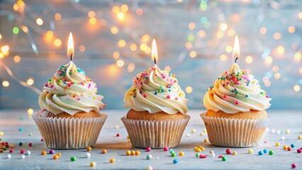 Aufkleber - Three delightful vanilla cupcakes, each topped with swirls of frosting and colorful sprinkles, are elegantly arranged with a single lit candle atop each, creating a festive and charming scene.