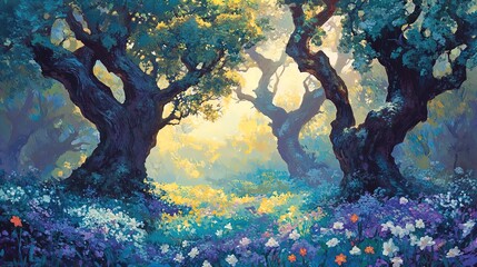 Wall Mural - A magical forest scene featuring ancient, gnarled trees with lush foliage, illuminated by soft, golden light filtering through the branches. A vibrant carpet of colorful wildflowers in bloom fills the