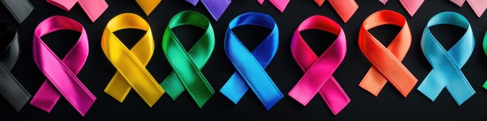 Poster - A collection of colorful ribbons placed on a dark, matte finish background