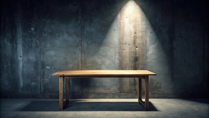 Poster - Empty wooden table against a textured concrete wall, illuminated by a single spotlight