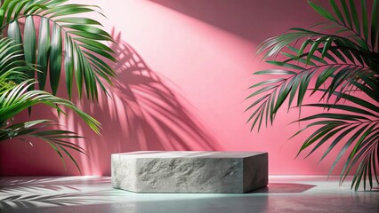 Poster - Hexagonal stone pedestal against a pink wall with tropical palm leaves and sunlight shadows