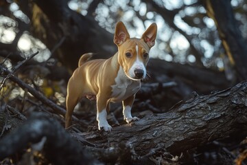 Wall Mural - A small dog perched on a tree branch, looking out over the surroundings