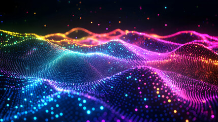 A vibrant glowing 3D mesh network with interconnected light trails forming a dynamic digital pattern