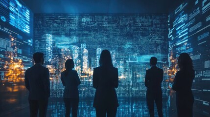 Business professionals analyzing futuristic virtual data display in modern office environment