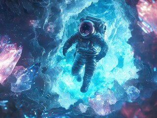 Wall Mural - surreal digital artwork of astronaut floating through crystal geode cave in space, surrounded by bioluminescent cosmic flora