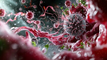 Poster - Virus lifecycle interaction in human body microbiology digital art laboratory close-up scientific visualization