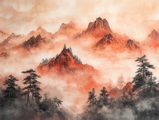 Wall Mural - traditional chinese landscape painting featuring misty red mountains and delicate pine trees, executed in flowing ink on textured rice paper