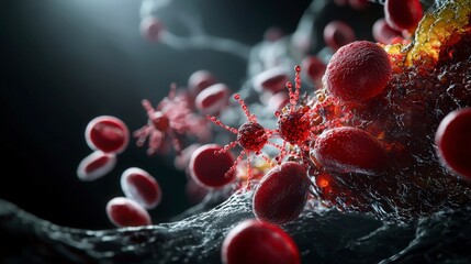 Fototapete - Close-up action of plasmodium merozoite within red blood cells laboratory setting scientific visualization macro perspective