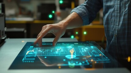 Wall Mural - In a modern factory setting, an engineer interacts with a futuristic interactive touchscreen table, exploring holographic data related to innovative production processes