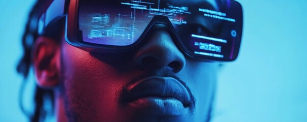 Man wearing AR glasses, blue studio, code displayed, future tech