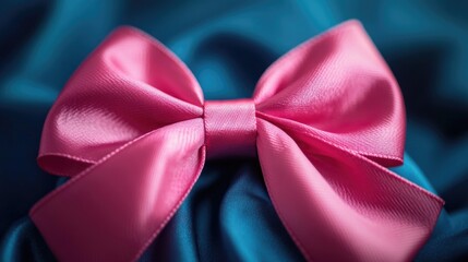 Wall Mural - A close-up shot of a pink bow sitting on a blue cloth, perfect for adding a touch of elegance to your design