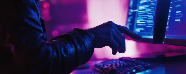 Hacker coding late night in purple-lit room