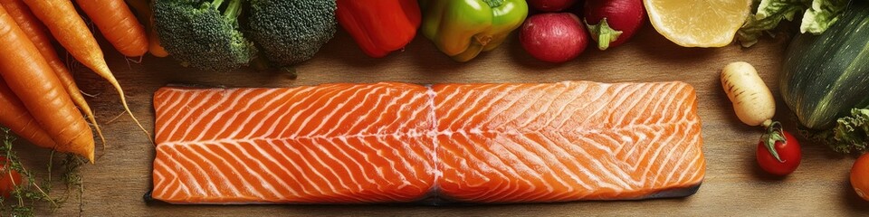 Wall Mural - Fresh salmon fillet on a wooden cutting board surrounded by various vegetables