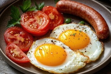 Wall Mural - Two fried eggs and tomatoes served on a plate