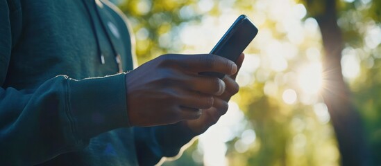 Man using phone outdoors, sunny park background