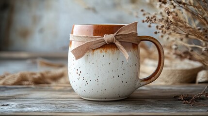 Wall Mural - A handmade pottery mug wrapped with a bow, placed on a wooden table. pic