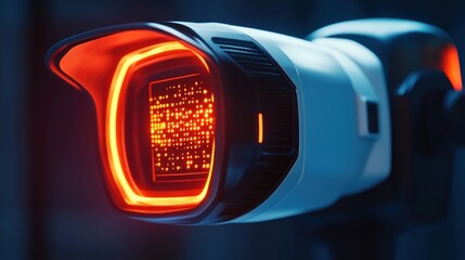 Futuristic camera scans data; dark background, tech concept