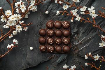 Wall Mural - A square arrangement of dark chocolate candies with white sprinkles on a textured slate surface, surrounded by delicate white cherry blossoms and branches.