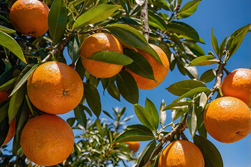 Wall Mural - Orange hanging in tree close up fruit and green leaf bush branch with sunny light and freshness of organic farm field garden agriculture raw material produce to juice and food ingredient