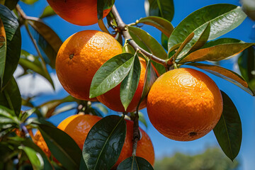 Wall Mural - Orange hanging in tree close up fruit and green leaf bush branch with sunny light and freshness of organic farm field garden agriculture raw material produce to juice and food ingredient