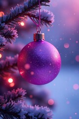 Wall Mural - Glittering purple Christmas ball suspended mid-air amidst soft pink fog, winter, glitter, ambiance