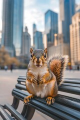 Wall Mural - A squirrel sitting on a park bench in the city, offering a unique scene for your image needs